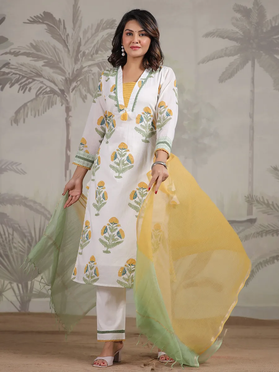 White and yellow printed cotton kurti set