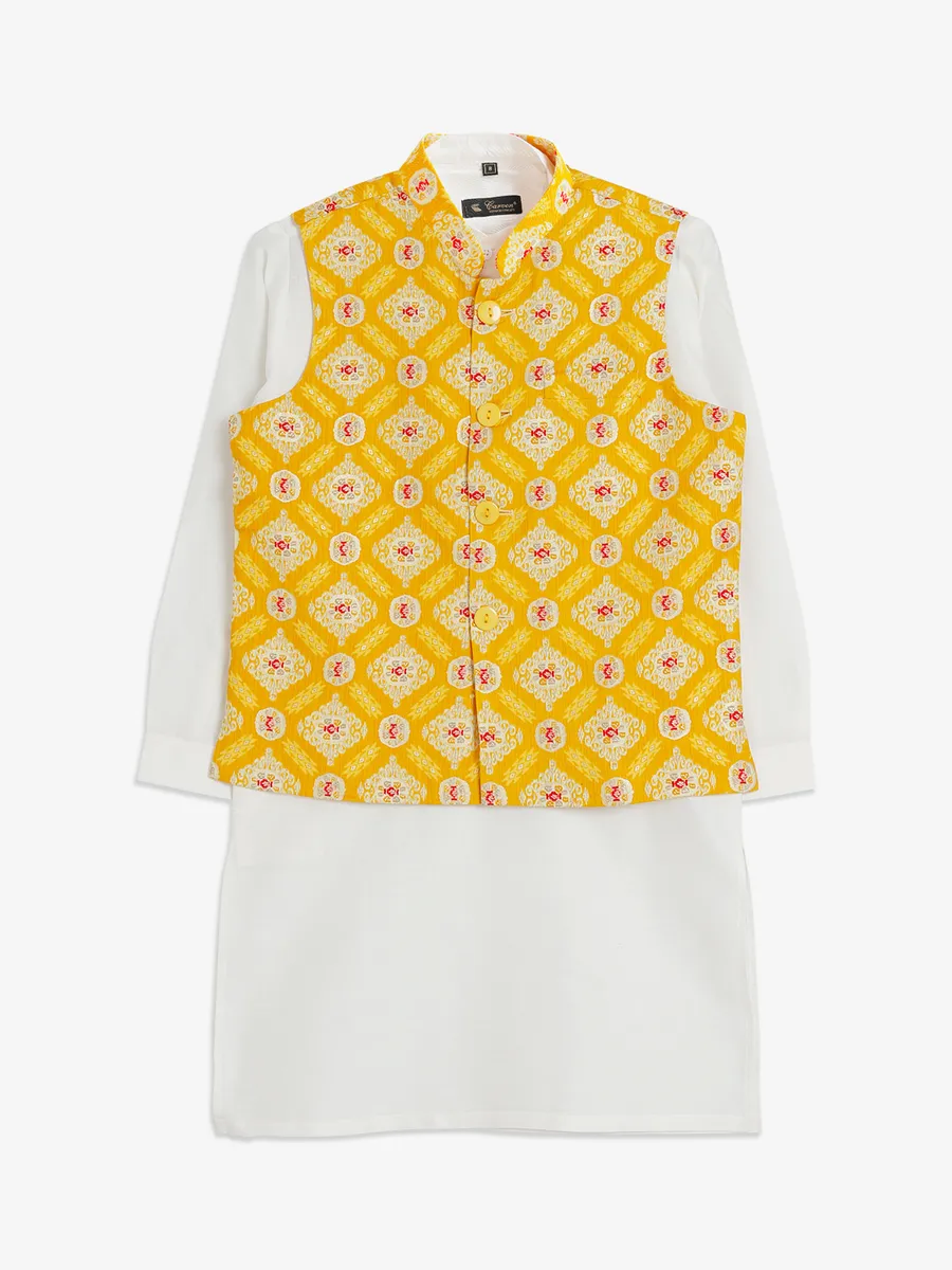 White and yellow printed waistcoat set
