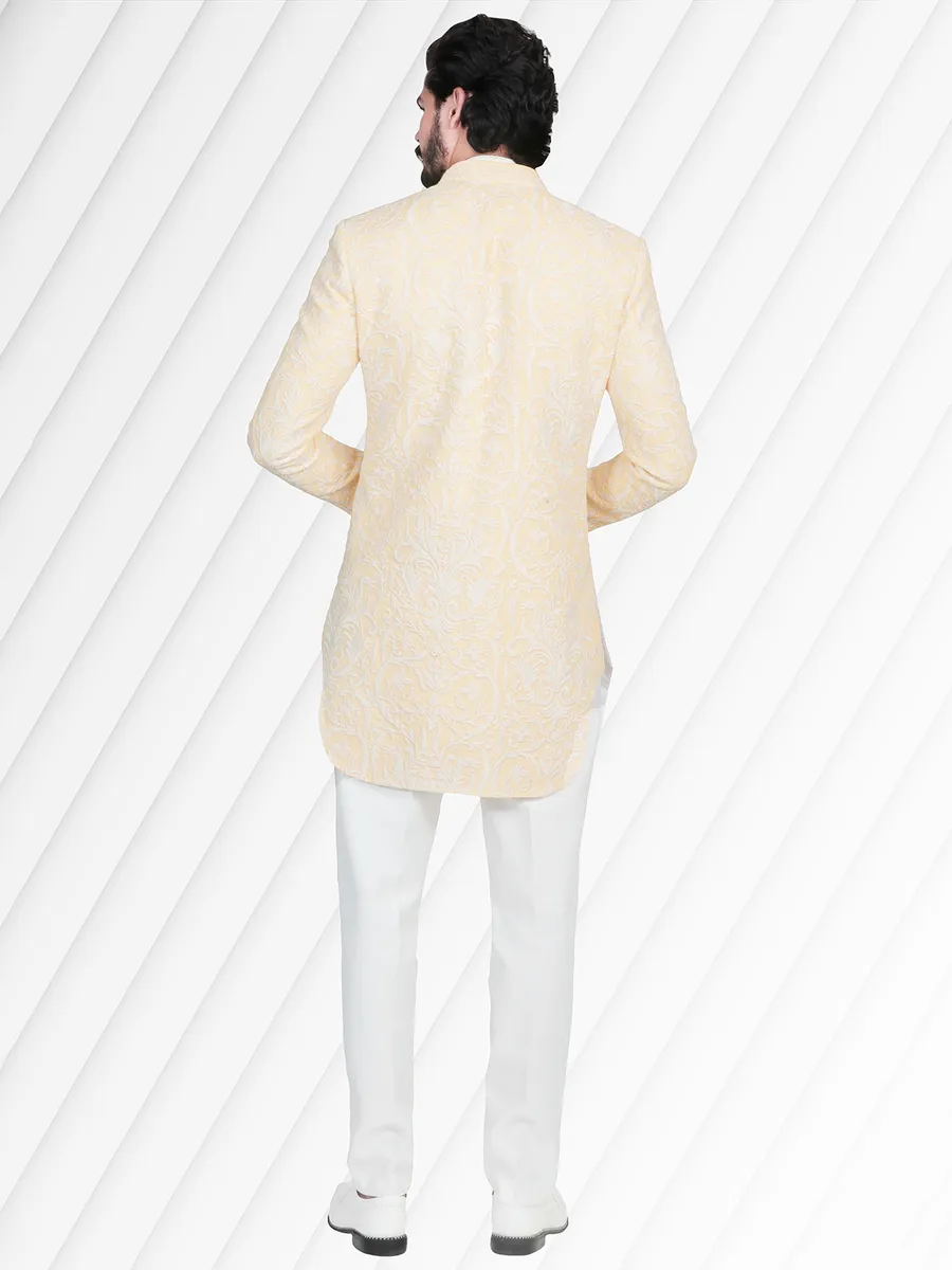 White and yellow silk indowestern