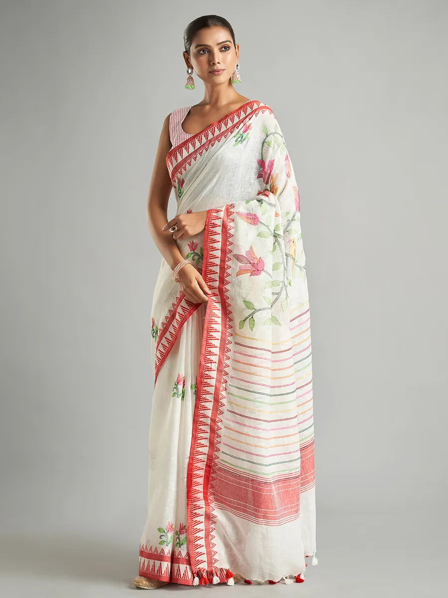 White cotton linen saree with minakari work