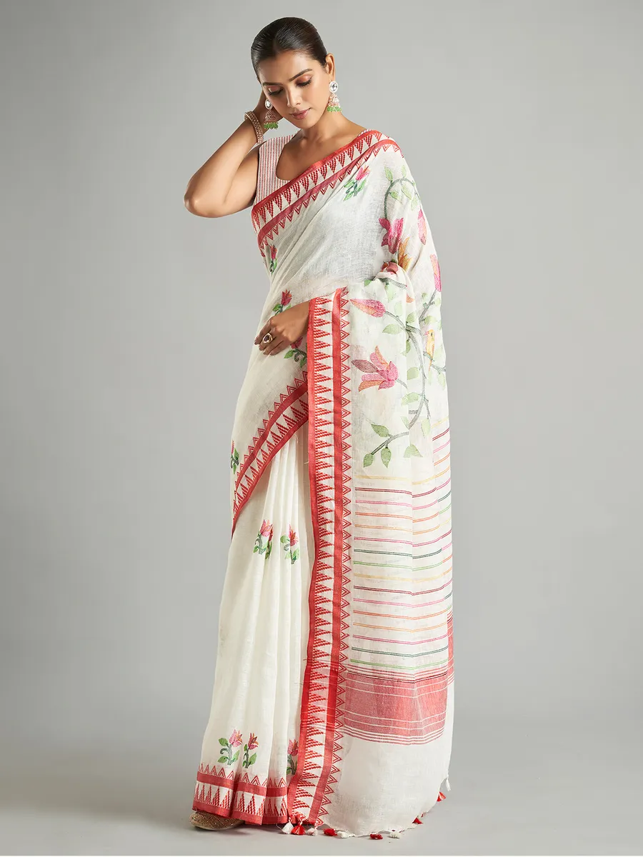 White cotton linen saree with minakari work