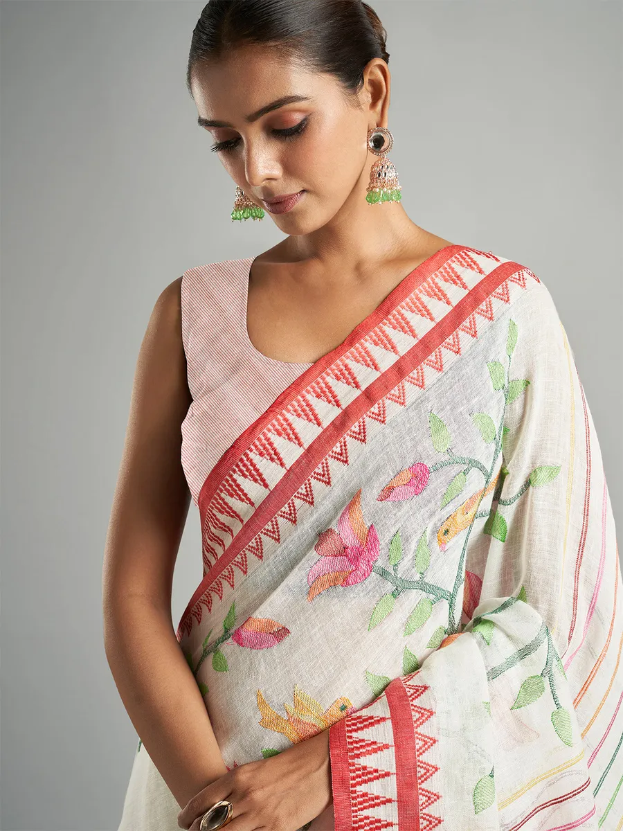 White cotton linen saree with minakari work