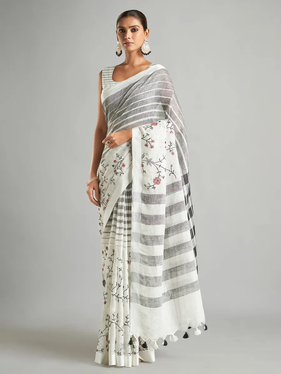 White cotton linen stripe saree