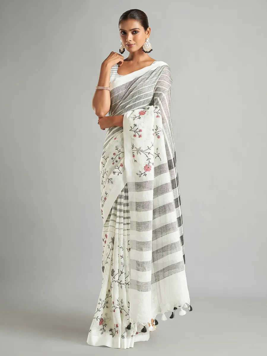 White cotton linen stripe saree