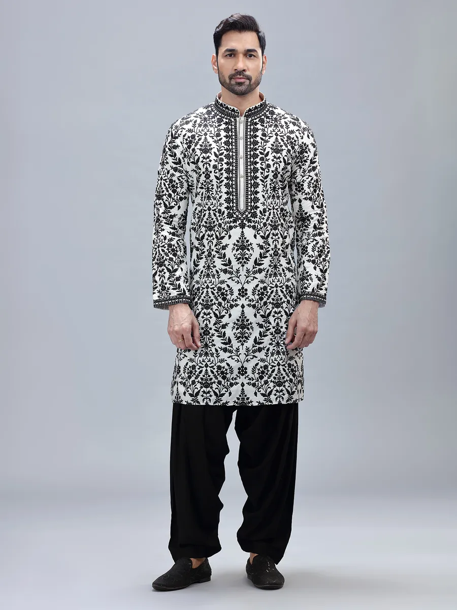 White cotton silk kurta set with matching patiyala