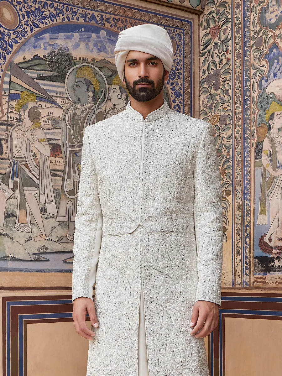 White embroidery sherwani