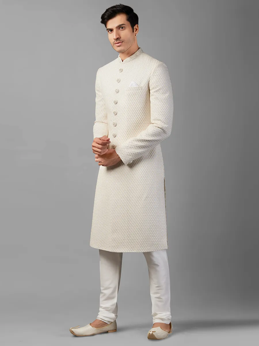 White embroidery sherwani in silk