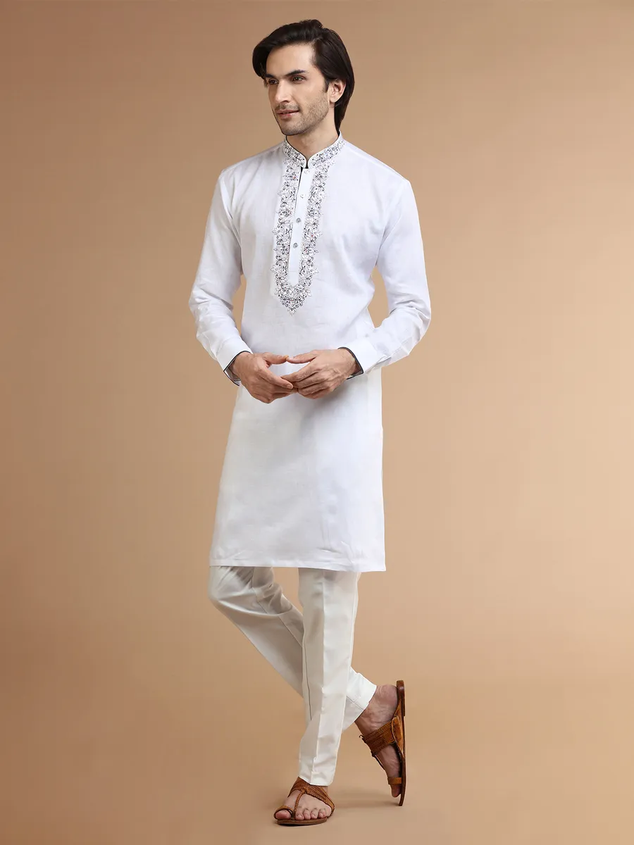 White festive kurta suit in linen
