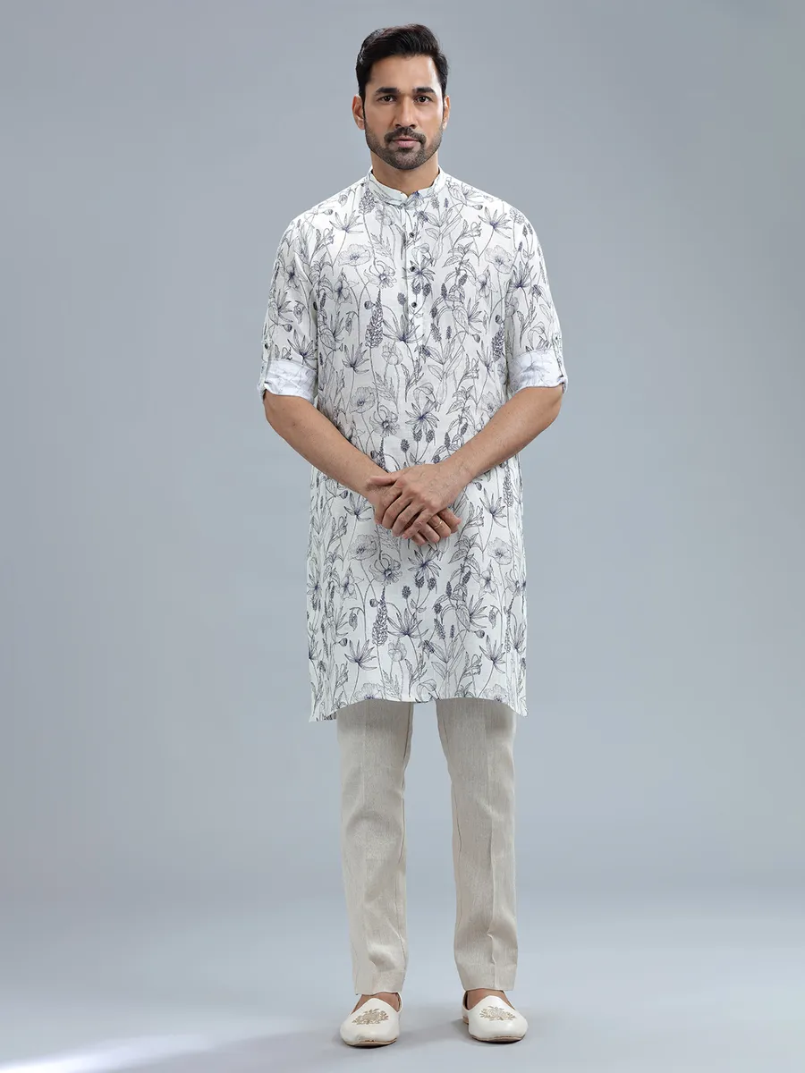 White fine linen printed kurta suit