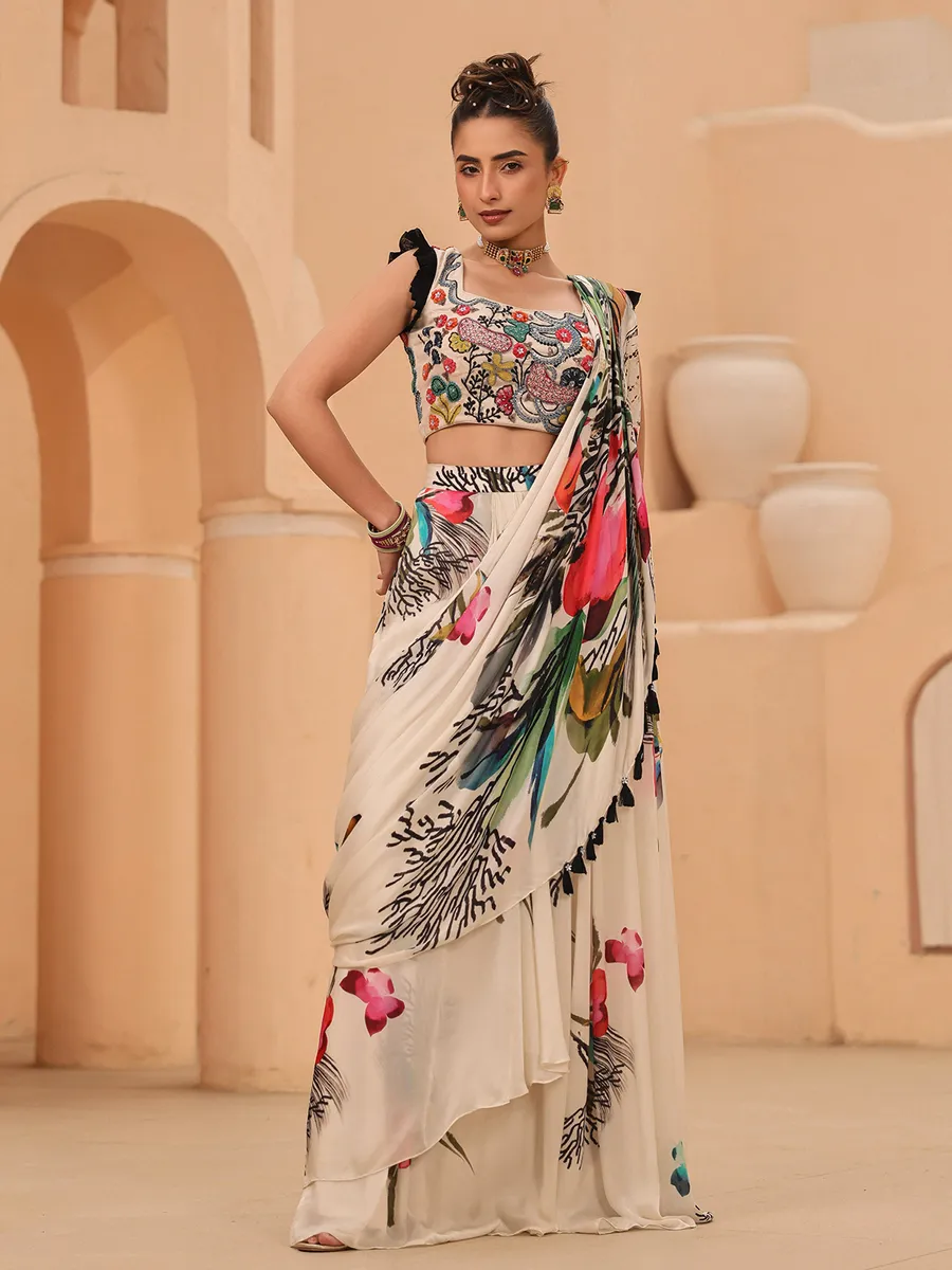 White floral printed ready to wear saree