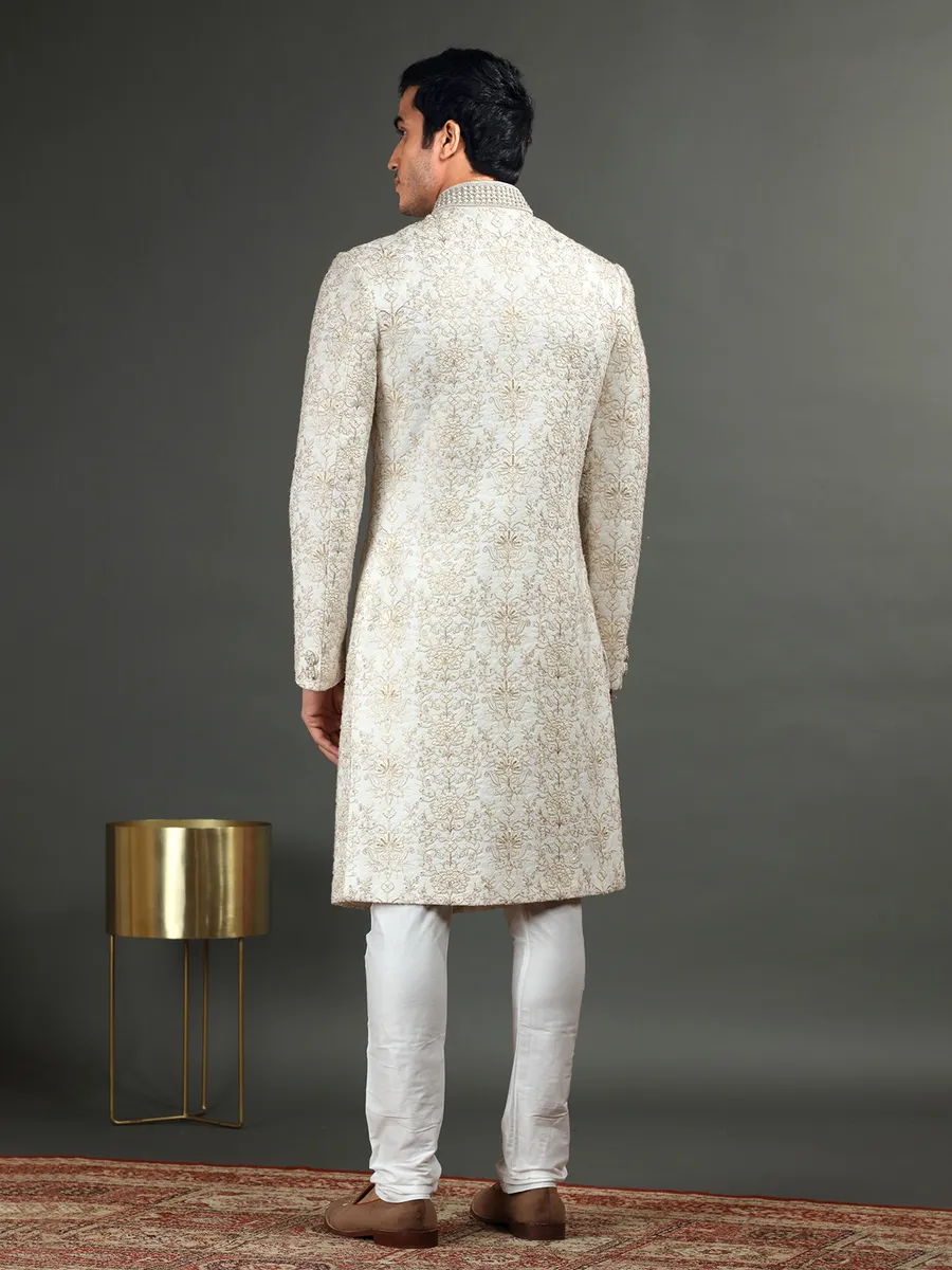 White georgette groom wear sherwani