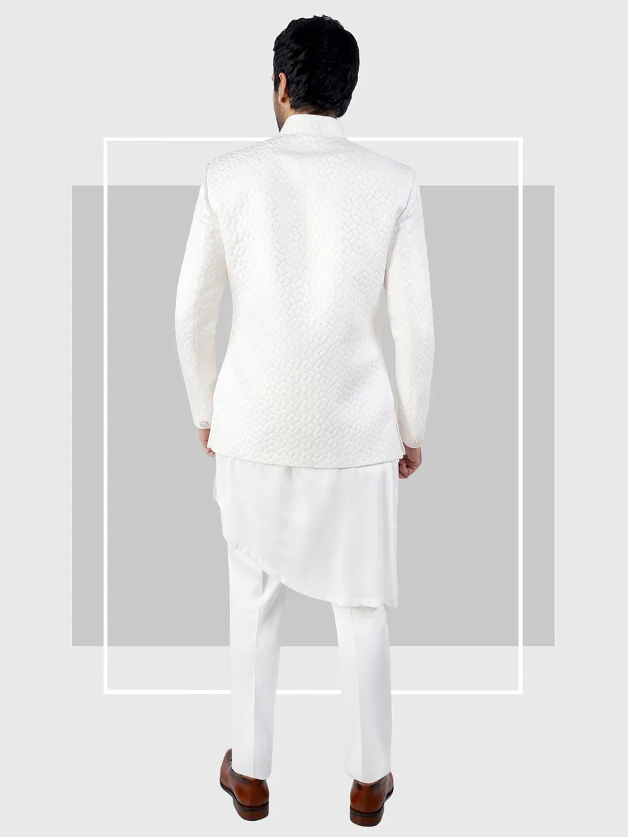 White hued wedding wear jacquard indowestern for men