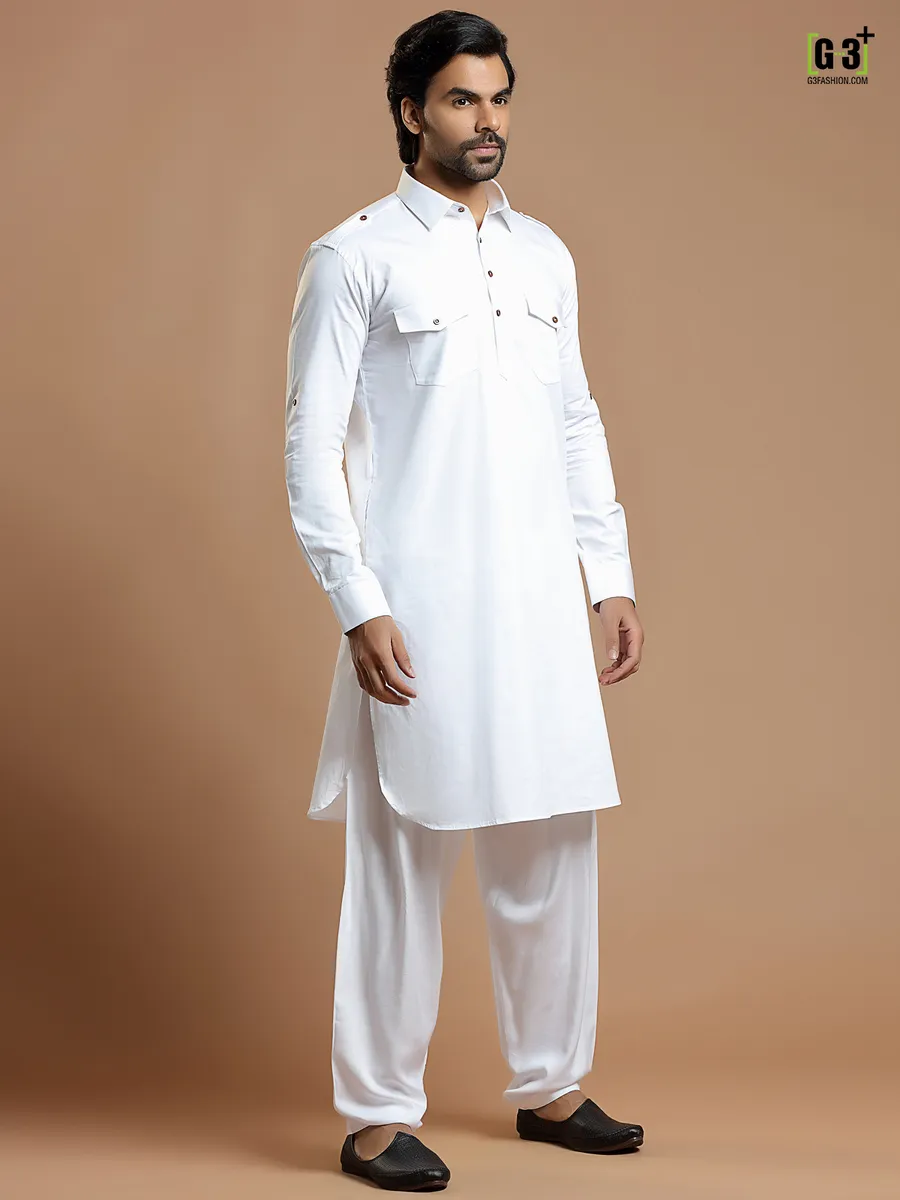 White men festive events cotton silk plain pathani suit