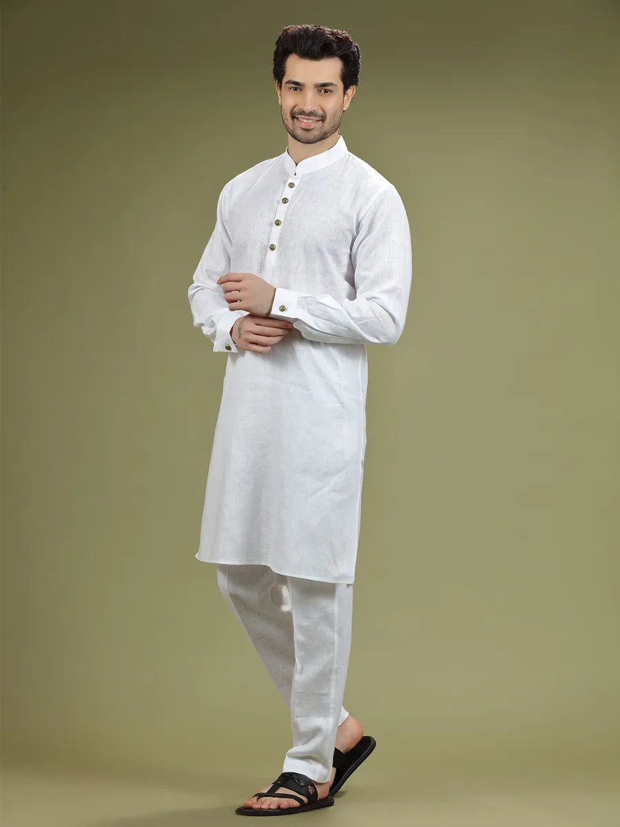 White plain linen  Men Kurta pajama