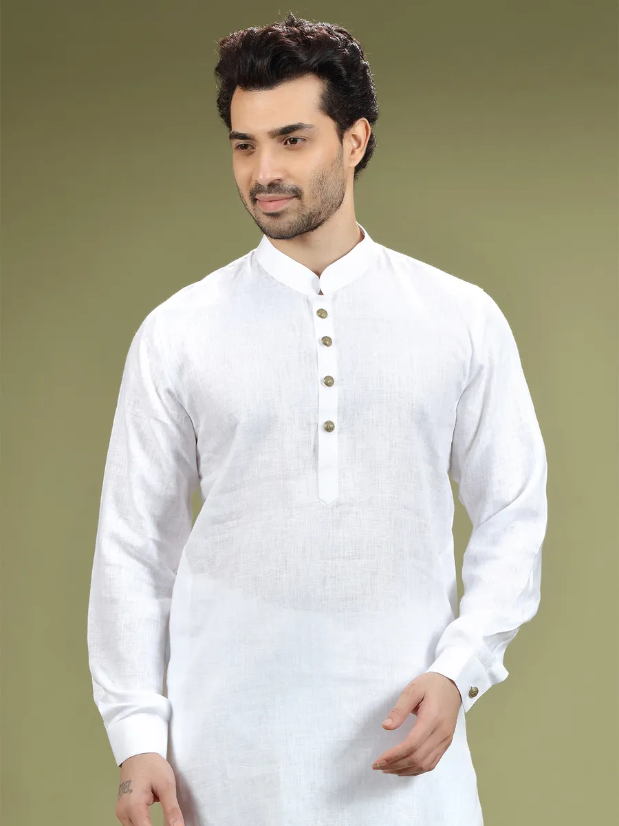 White plain linen  Men Kurta pajama