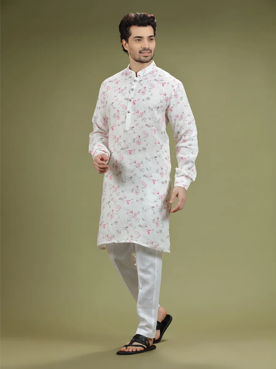 White printed linen festive  Men Kurta pajama