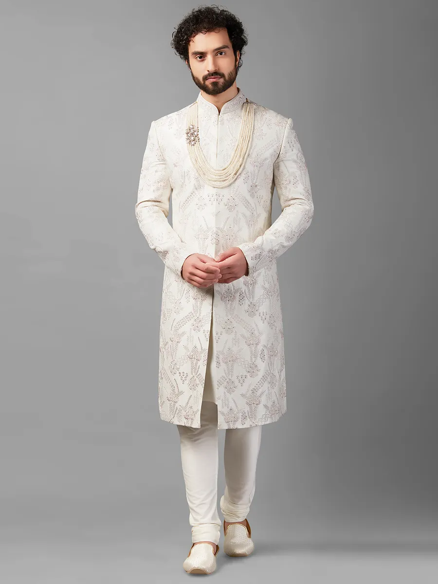 White raw silk embellished sherwani
