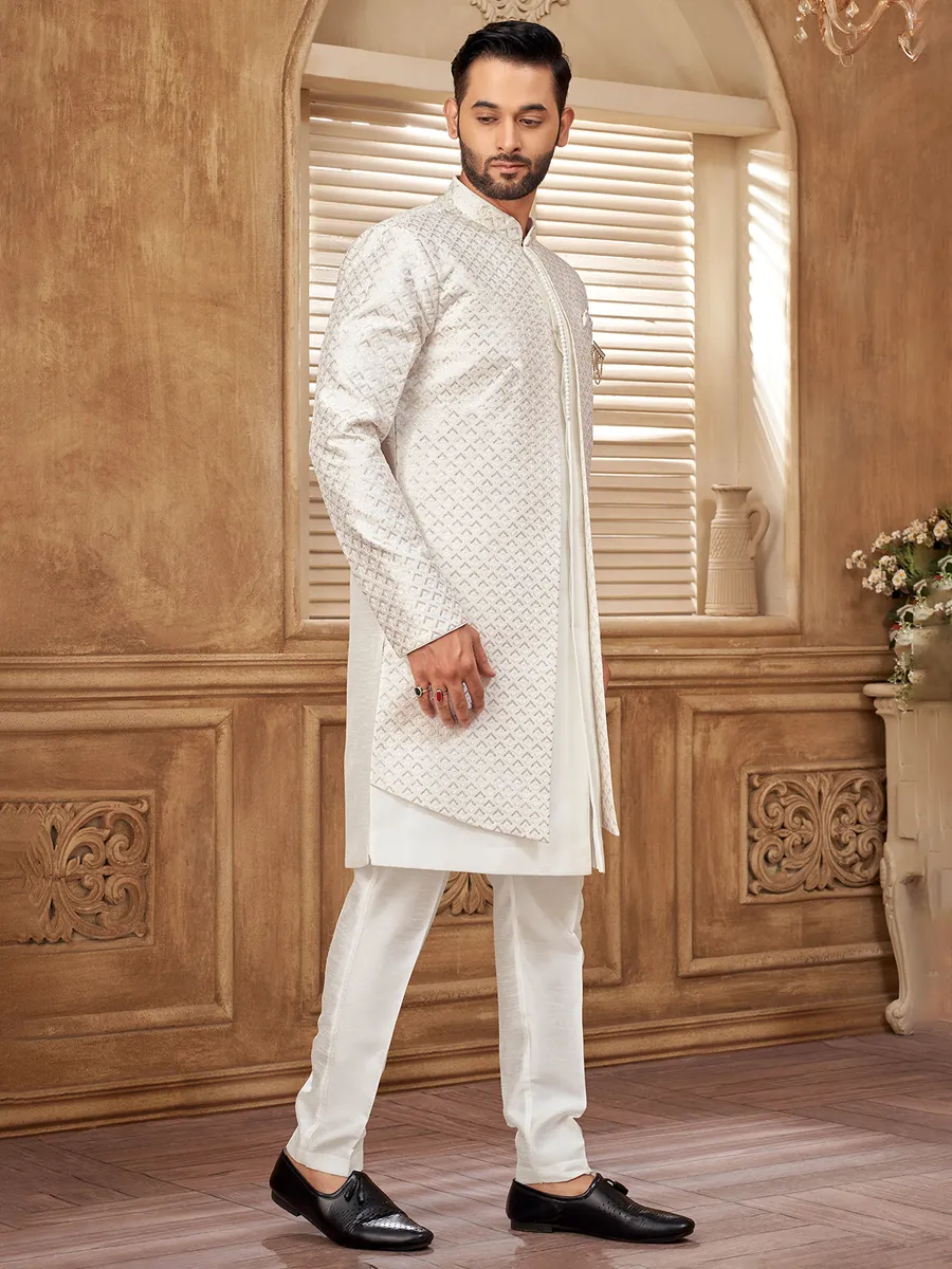 White raw silk jacket with sequins and zari work