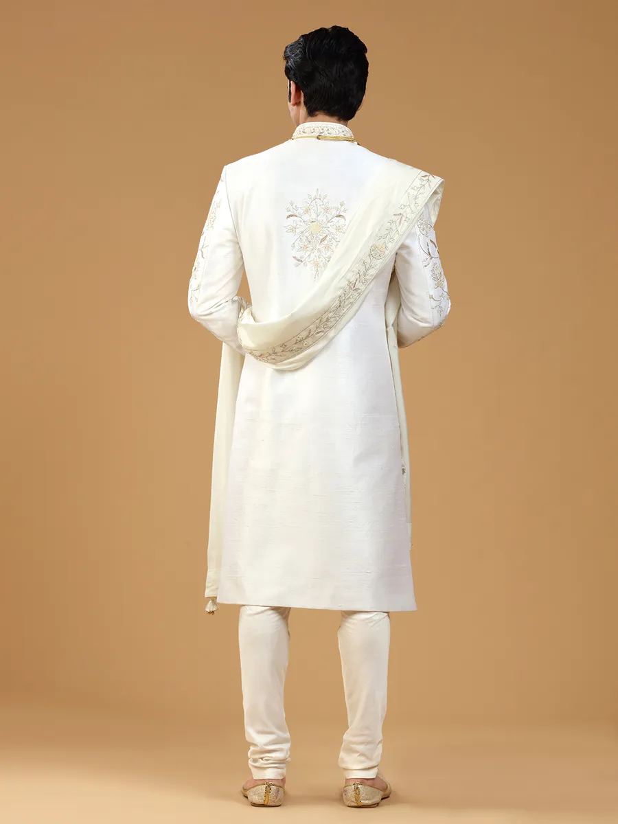 White raw silk sherwani