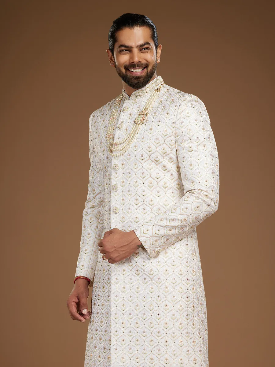 White silk floral embroidery sherwani