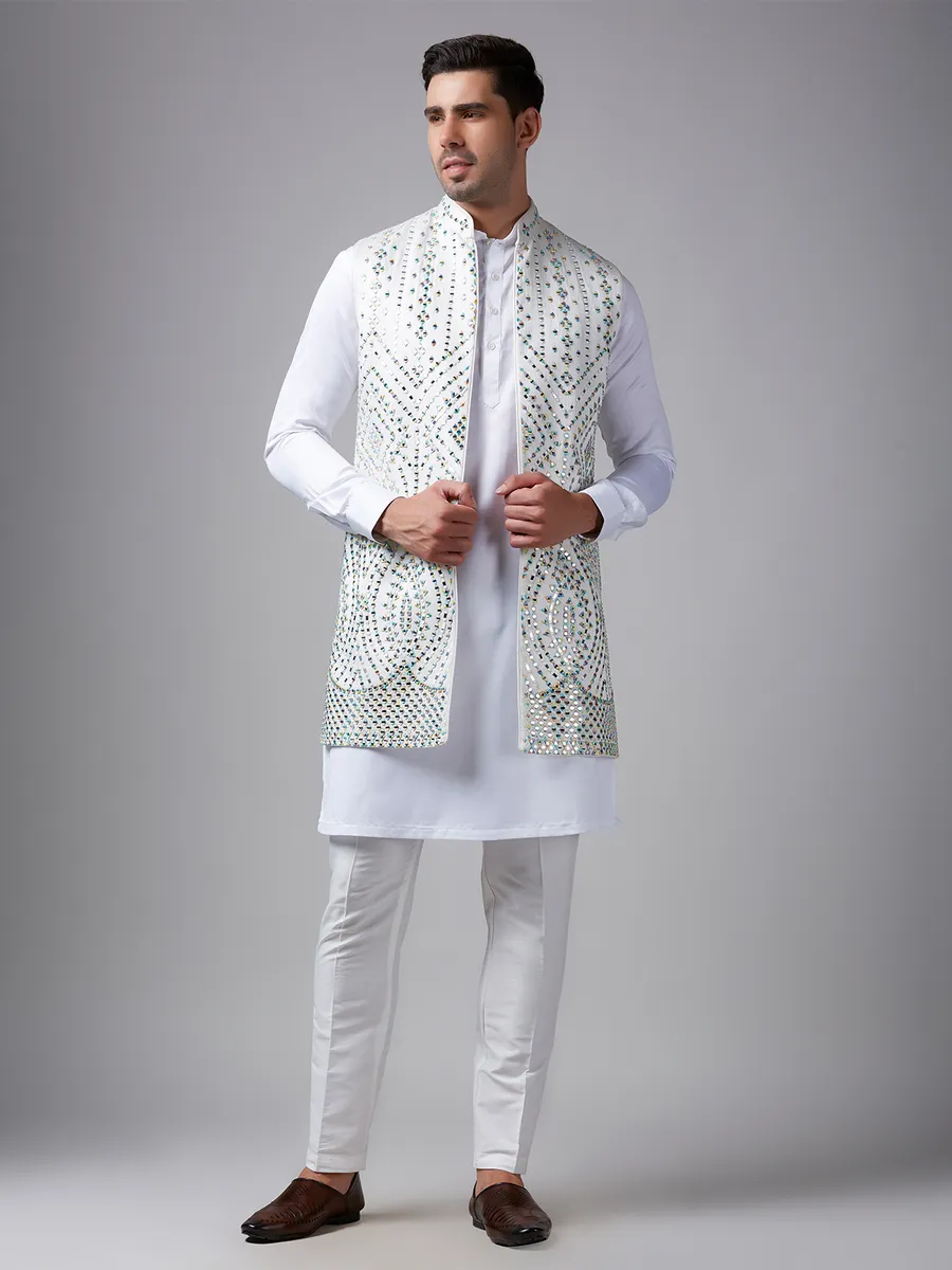 White silk mirror work waistcoat set