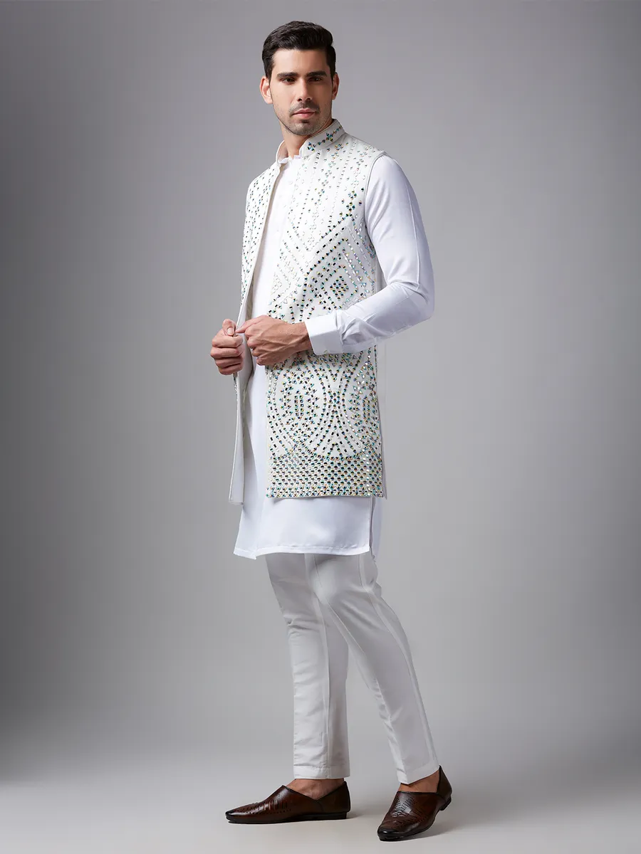 White silk mirror work waistcoat set