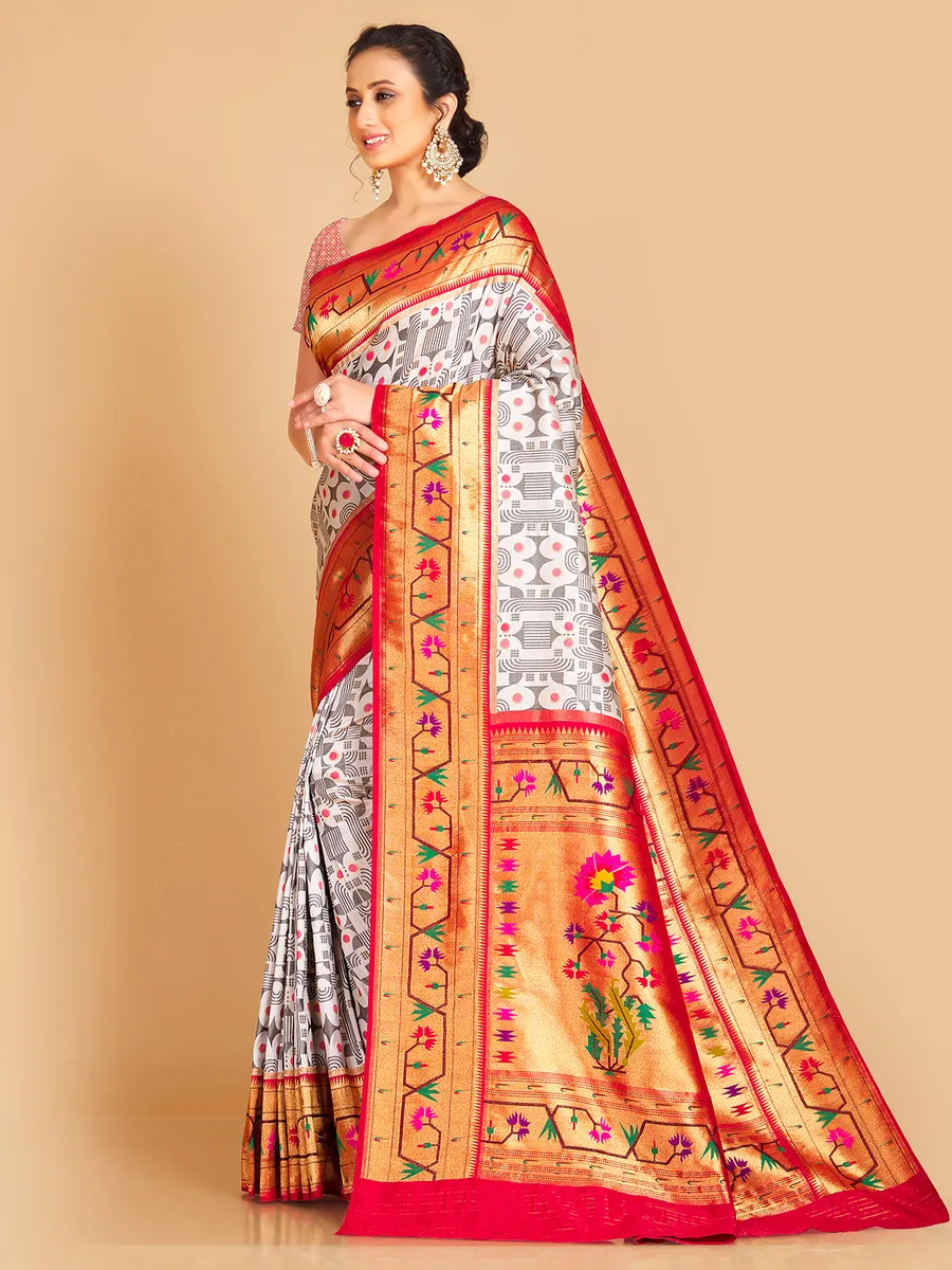 White silk printed saree with contrast border