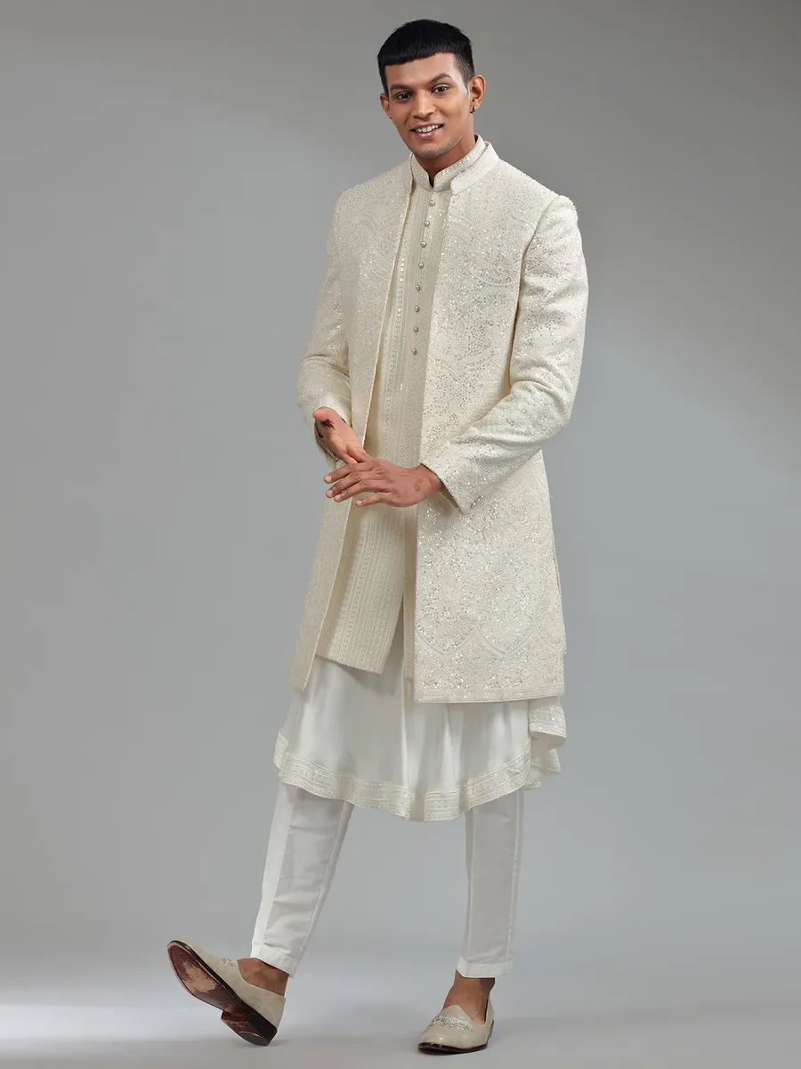 White silk sherwani with dupatta