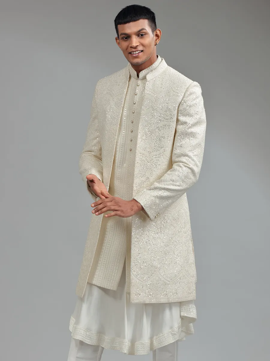 White silk sherwani with dupatta