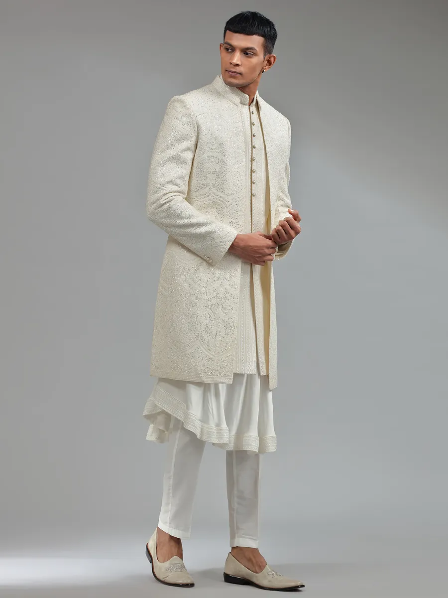 White silk sherwani with dupatta