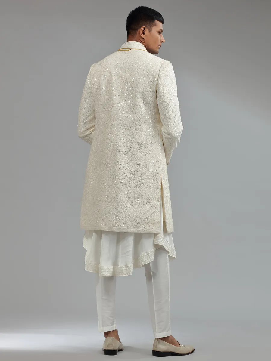 White silk sherwani with dupatta
