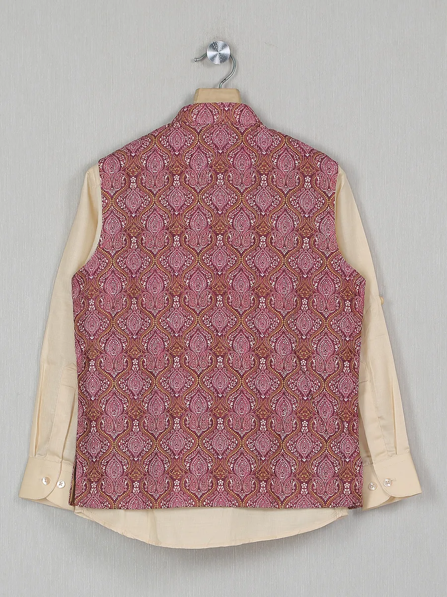 Wine cotton silk printed boys waistcoat with shirt