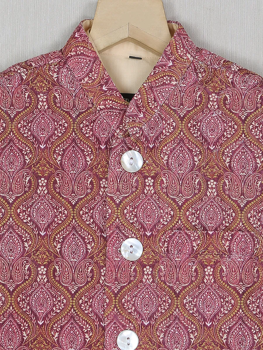 Wine cotton silk printed boys waistcoat with shirt