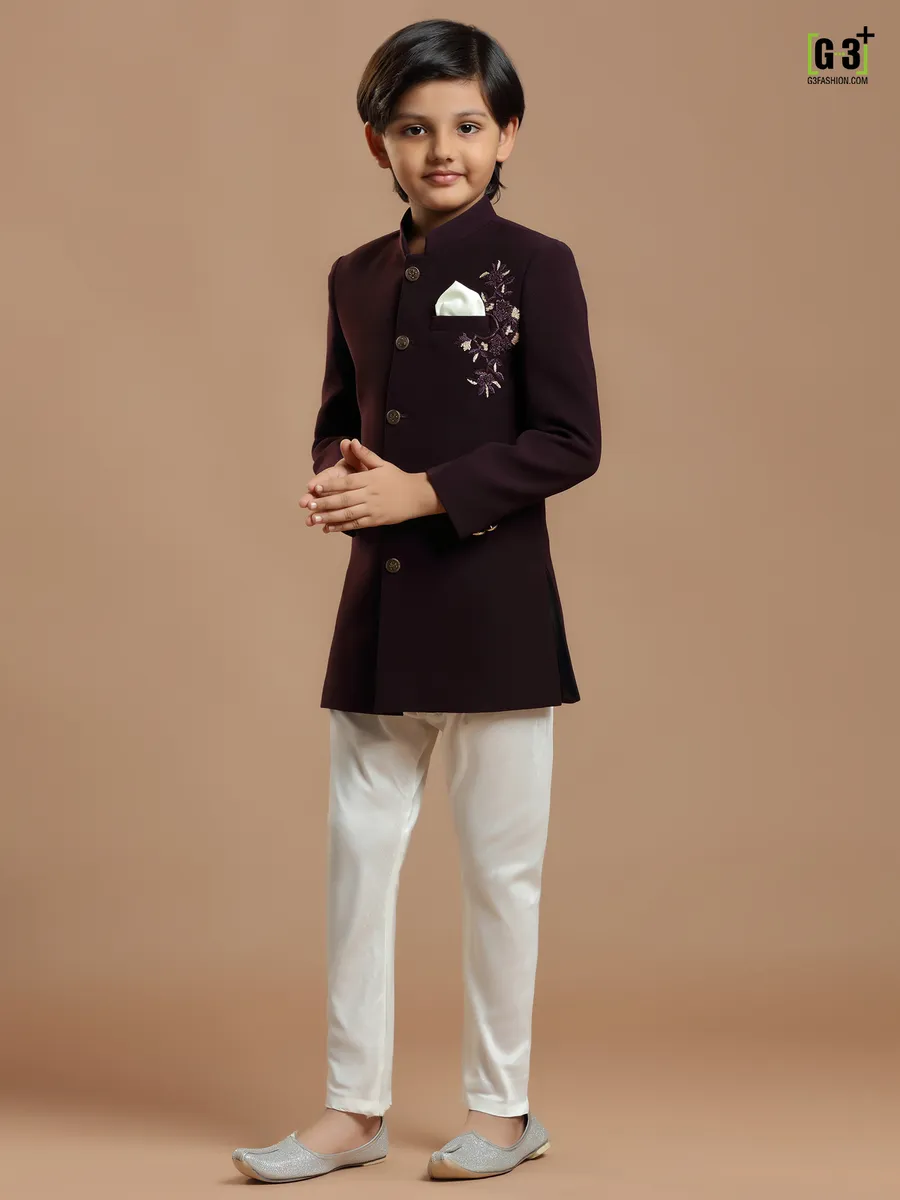 Wine hue festive wear indowestern for boys