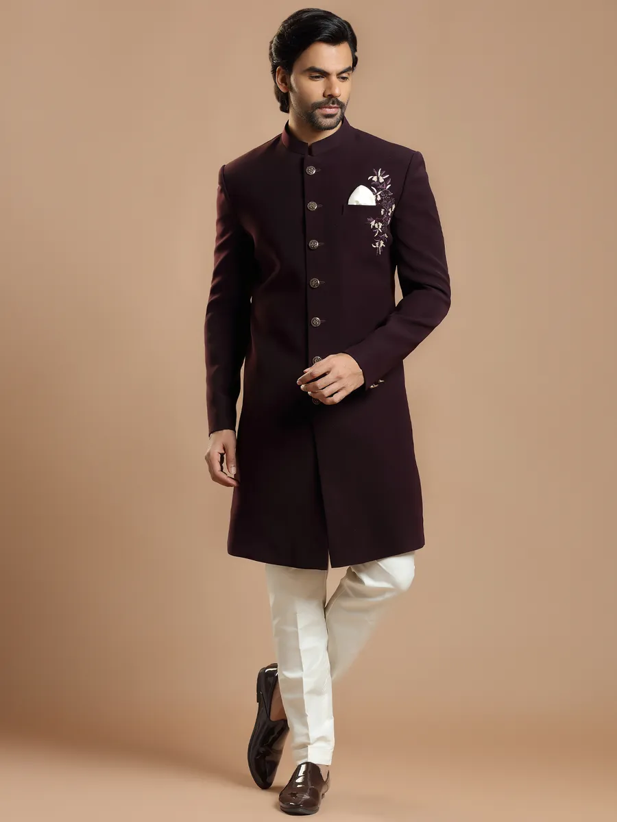 Wine hue party wear indowestern for men