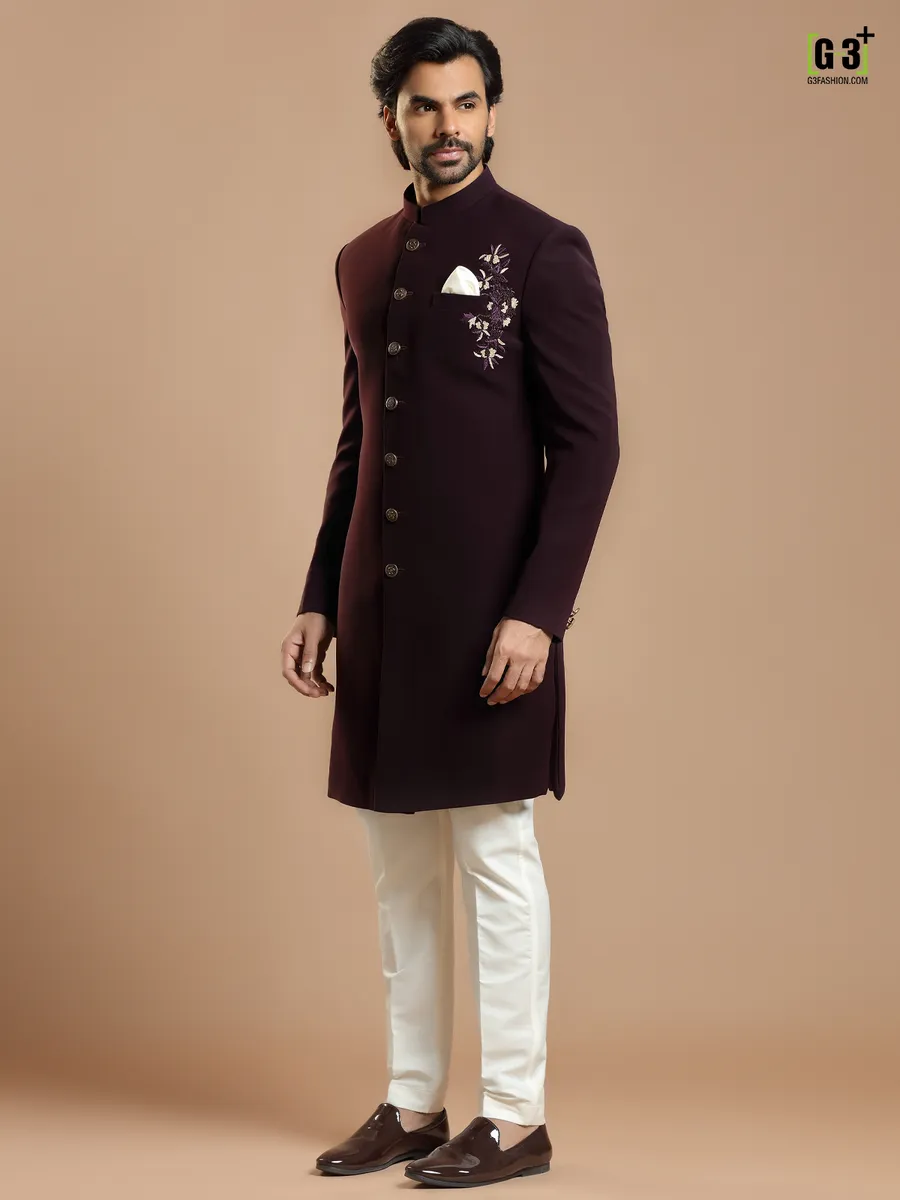 Wine hue party wear indowestern for men