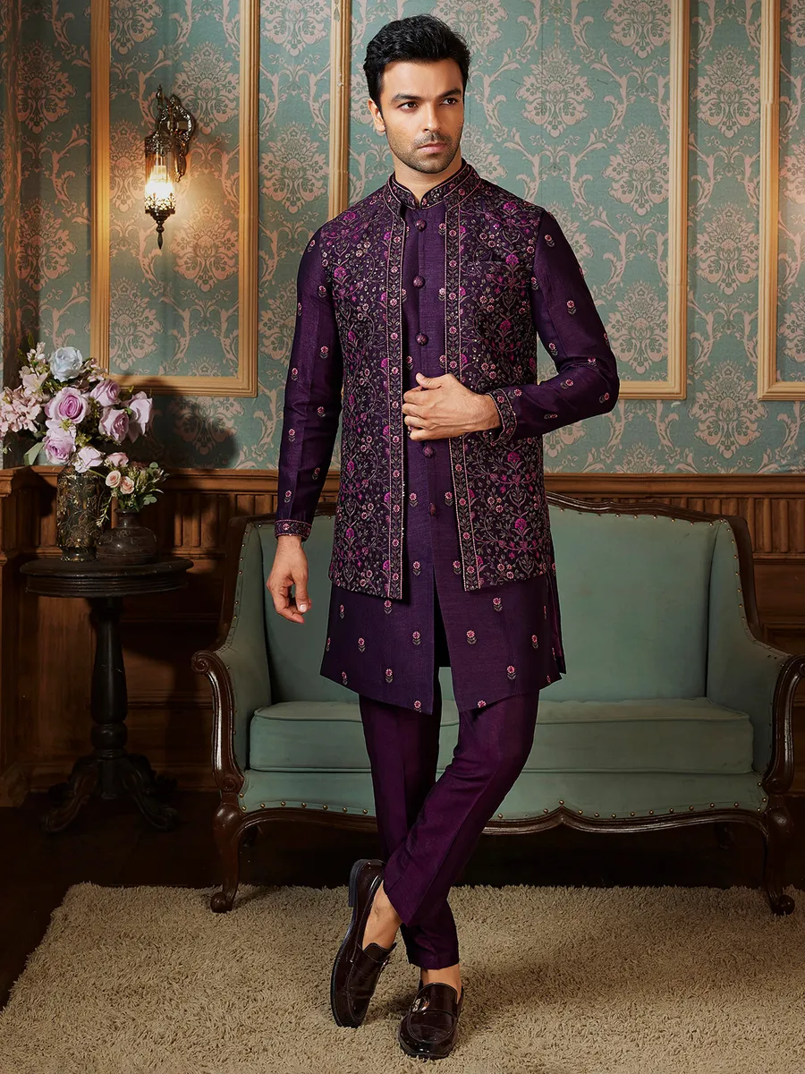 Wine raw silk waistcoat set with colorful embroidery