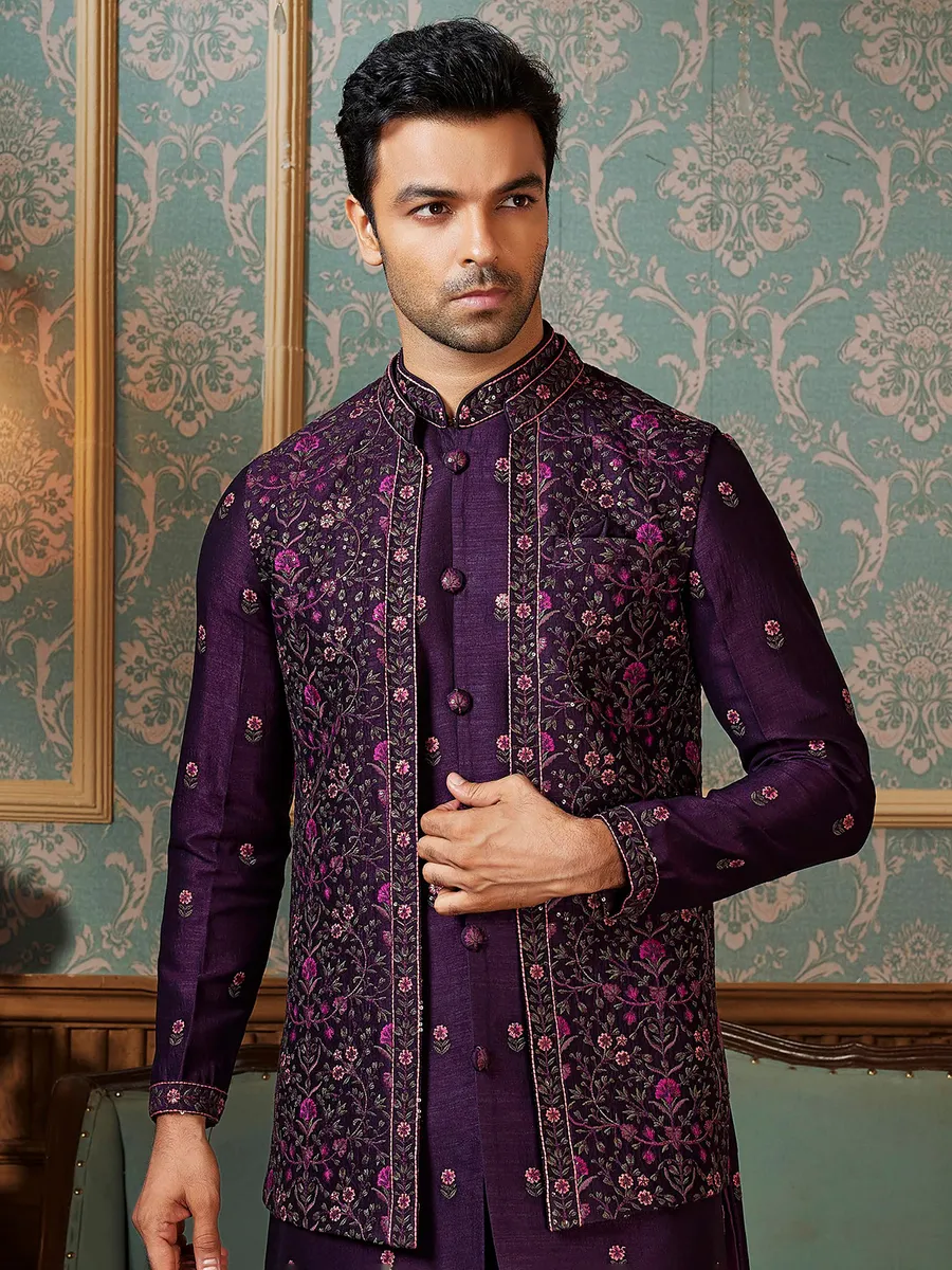 Wine raw silk waistcoat set with colorful embroidery