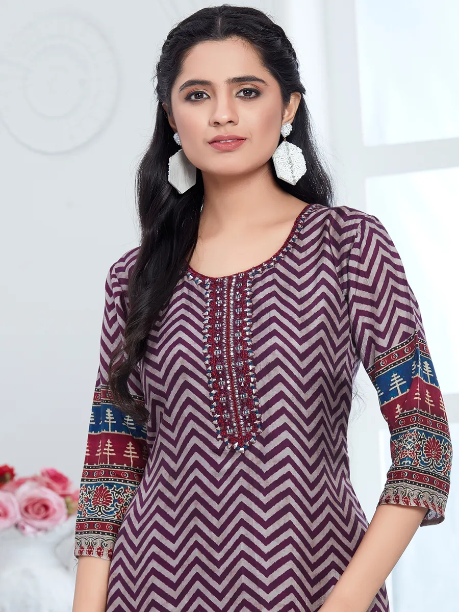 Wine russian silk printed straight kurti