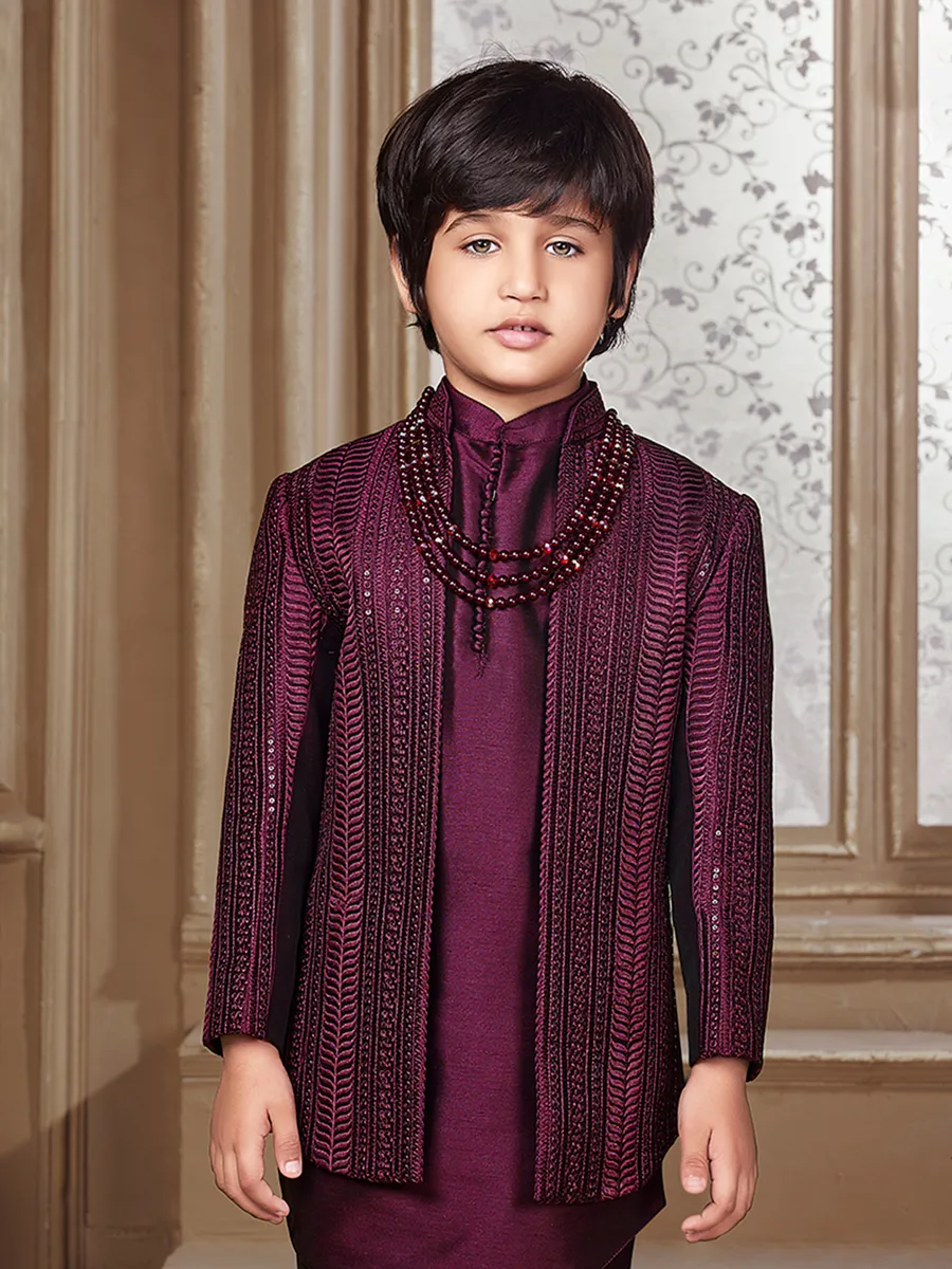 Wine silk indowestern with embroidery