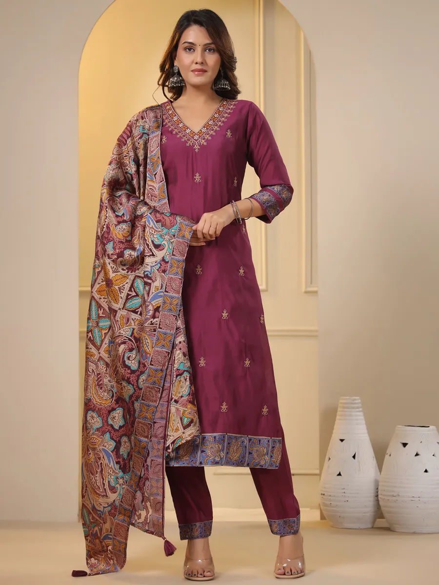 Wine silk kurti set with printed dupatta