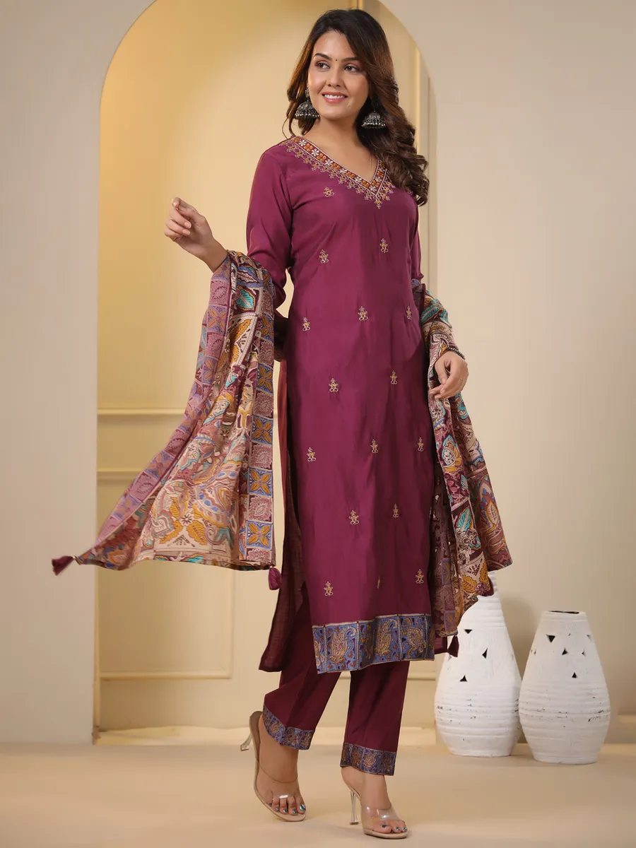 Wine silk kurti set with printed dupatta