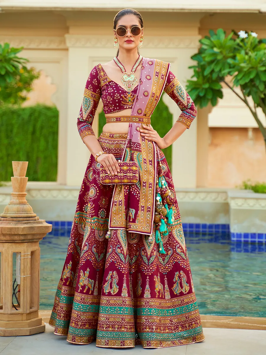 Wine silk printed lehenga choli