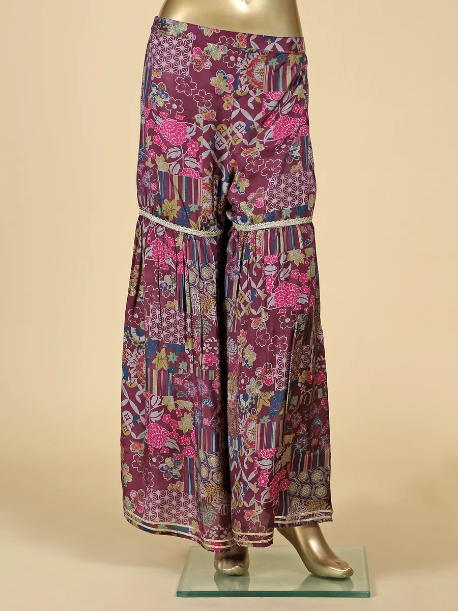 Wine silk printed sharara set with dupatta