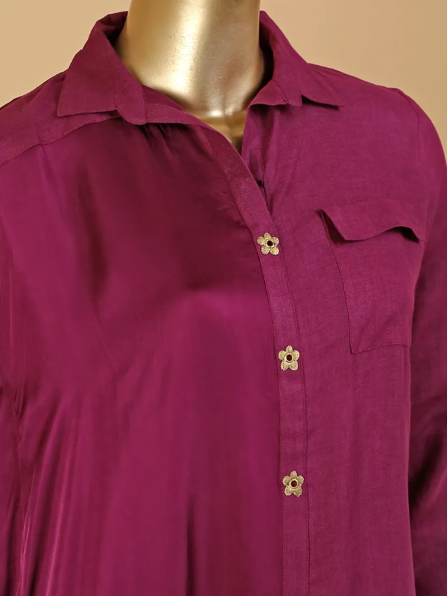 Wine solid cotton shirt style kurti