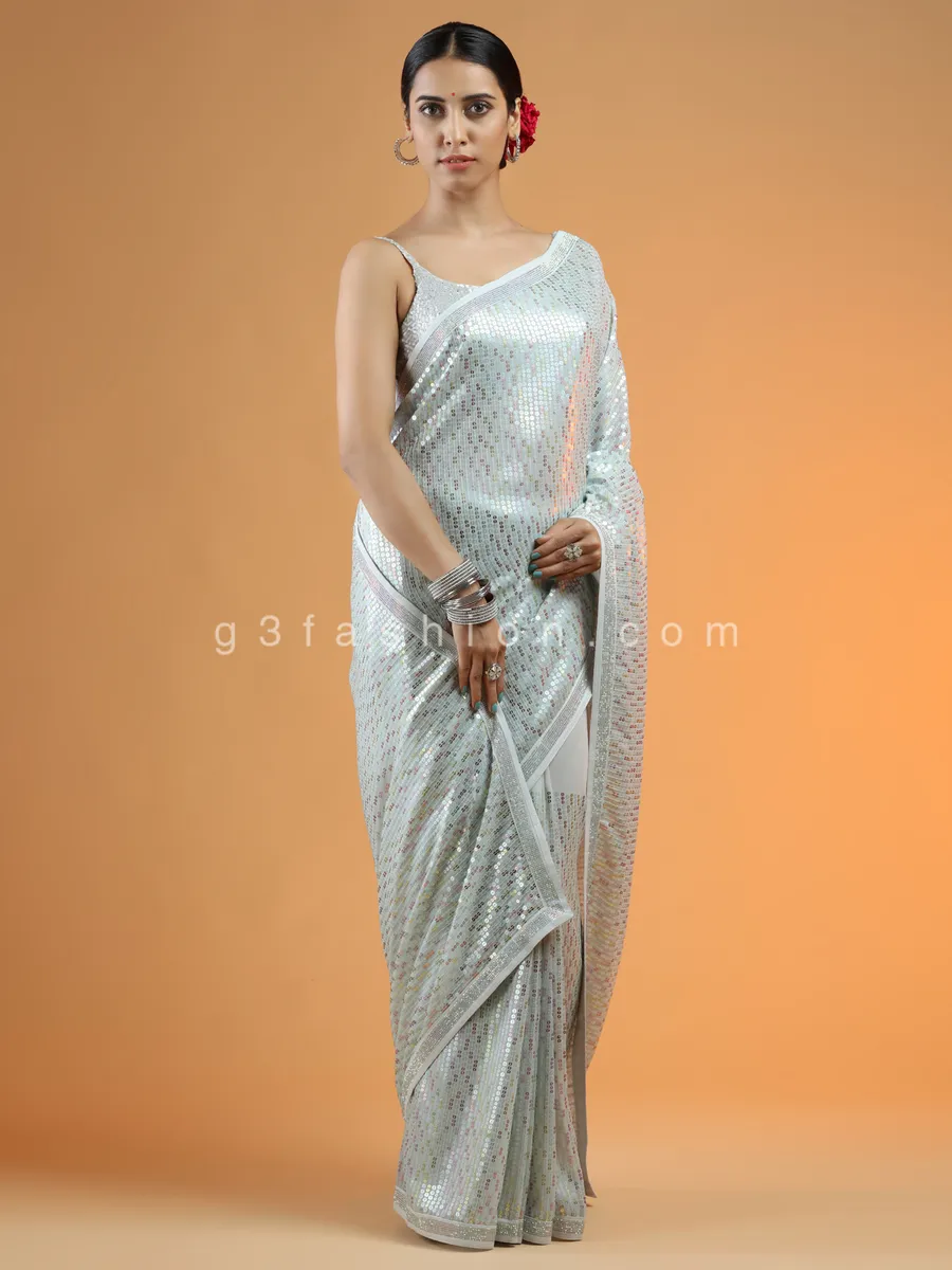 Wonderful sequins saree for party in powder blue