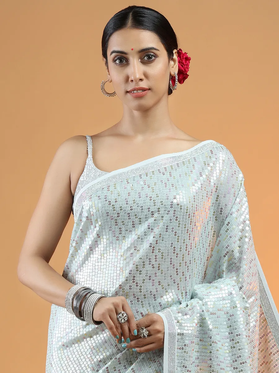 Wonderful sequins saree for party in powder blue