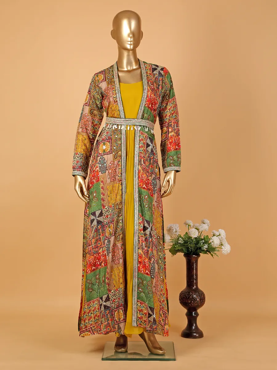 Yellow anarkali suit with printed shrug