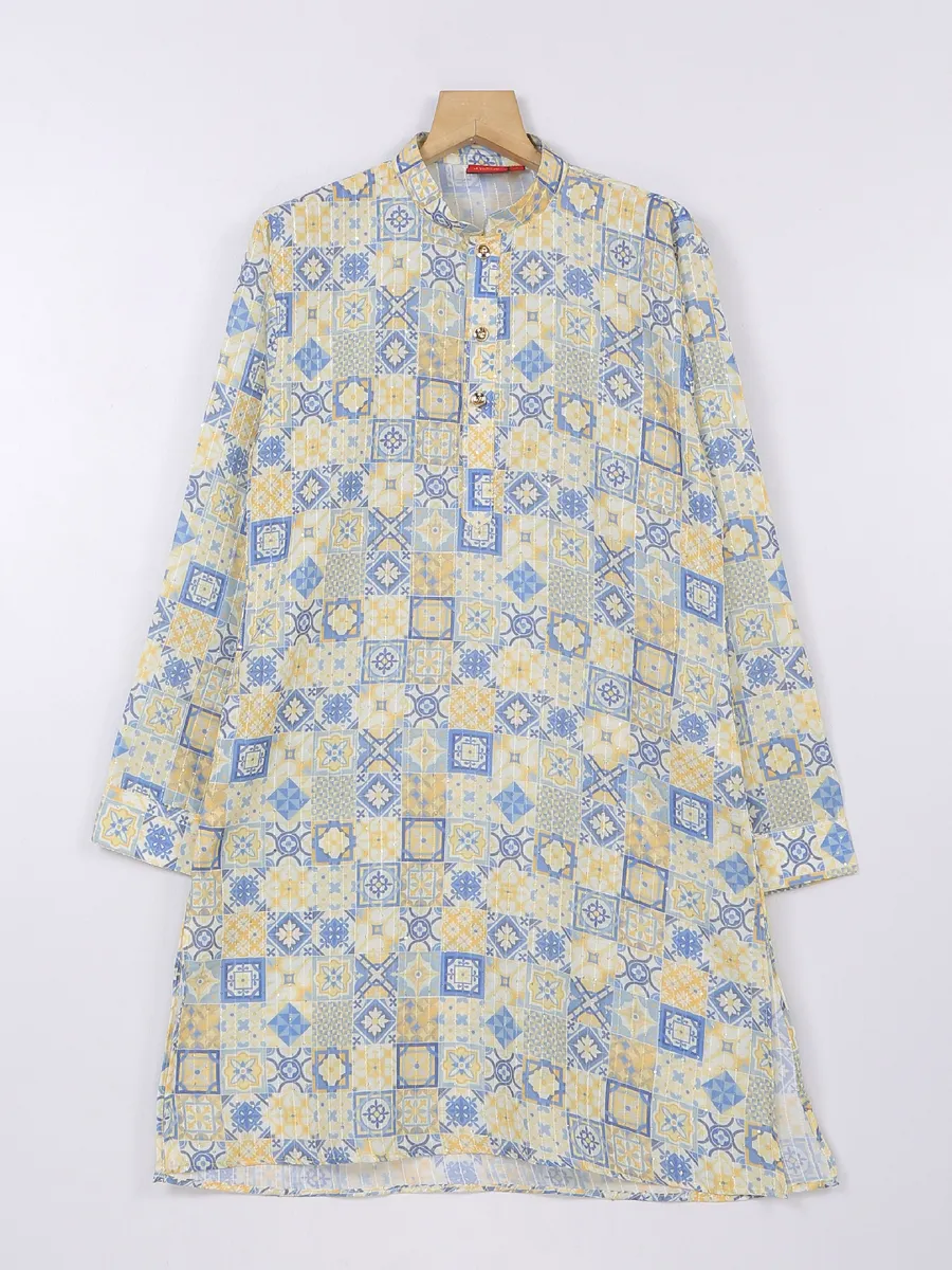 Yellow and blue silk printed kurta suit