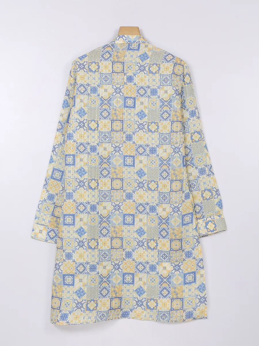 Yellow and blue silk printed kurta suit